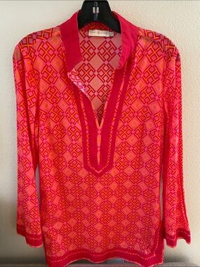 Tory Burch Pink, Orange and Red Geometric V-Neck Tunic M